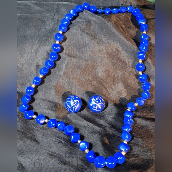 Jewelry - Elegant Blue Beaded Necklace and Clip-on Earring Set